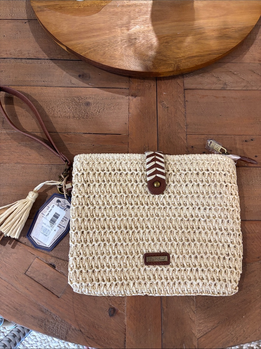 Cream Woven Clutch with faux Brown Leather Trim